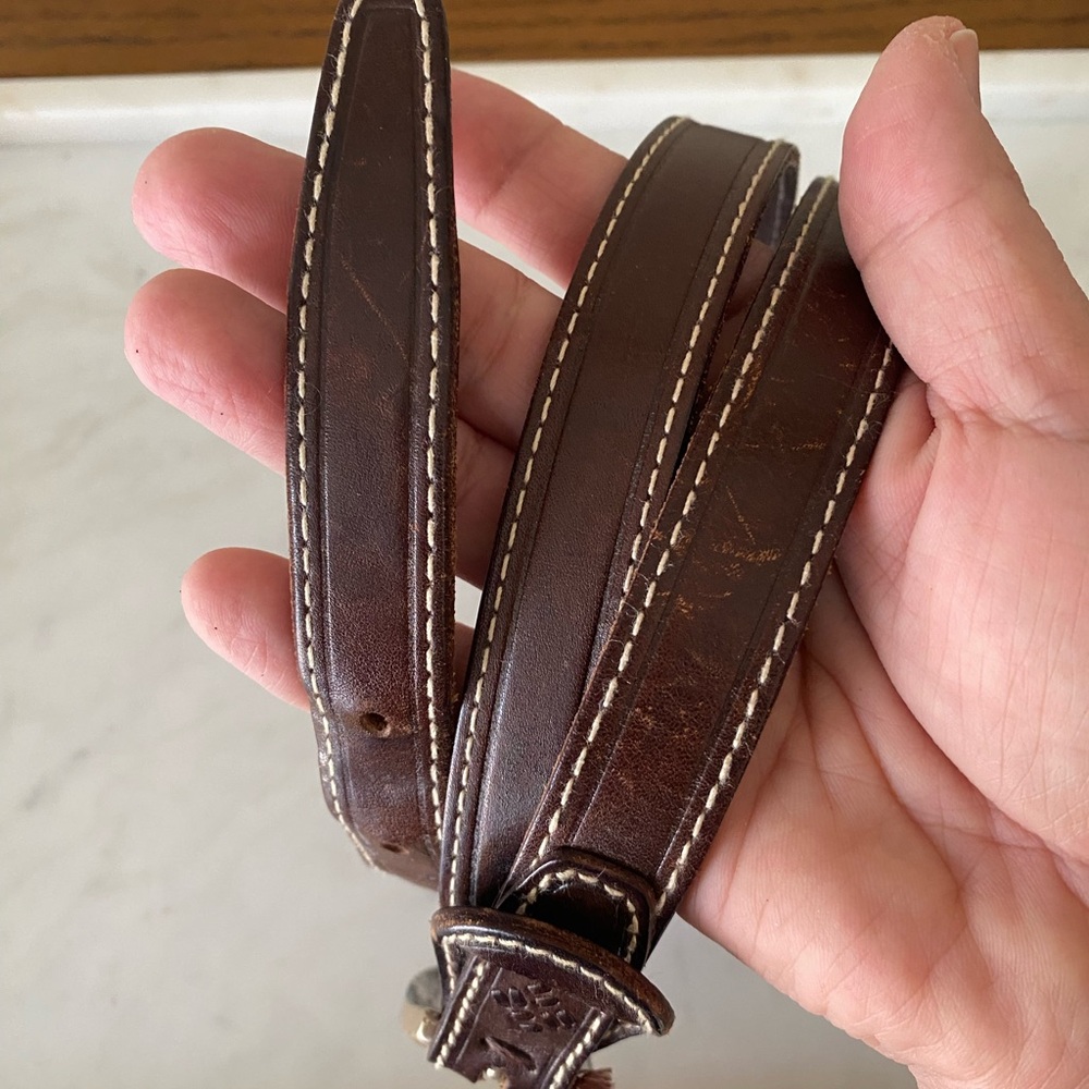 Columbia Leather Brown/ Silver Buckle White Stitched Women’s Size L Belt READ